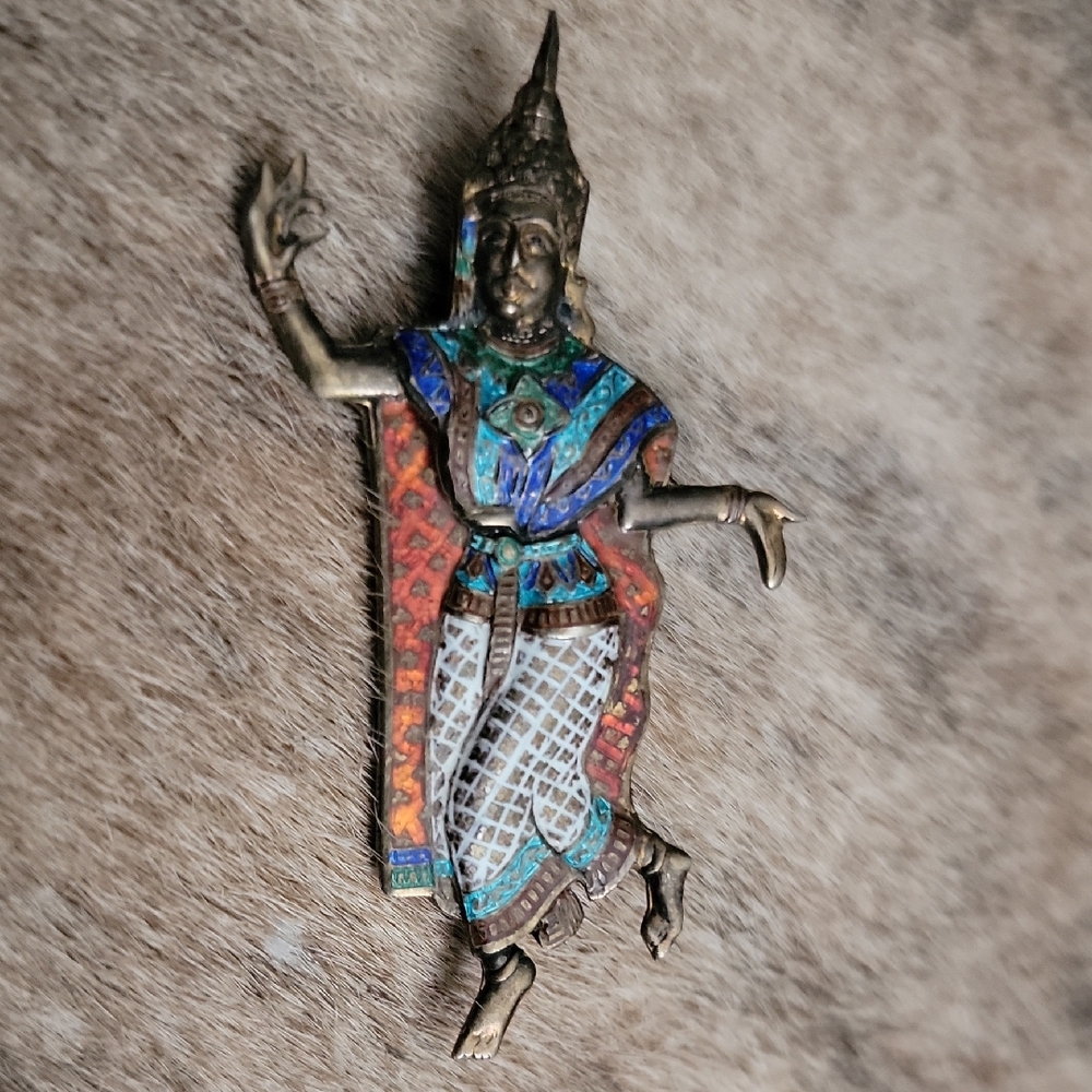 Intricate Sterling Enamel Siam Dancer Brooch